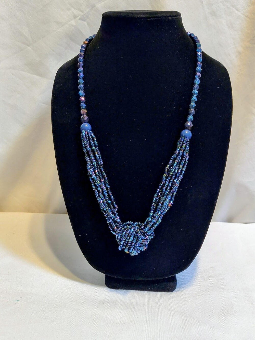 Blue Beaded Multi-Strand Knot Necklace